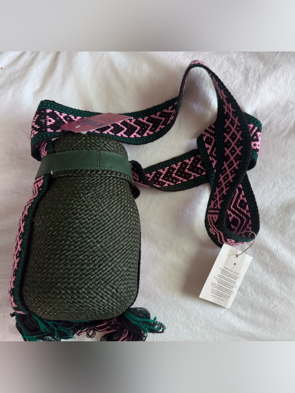 Johanna Ortiz Green Woven Crossbody Bottle Bag with Pink Black Strap
